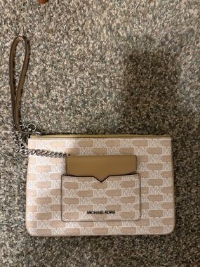 Michael Kors Tan and Ivory Logo Wristlet Clutch